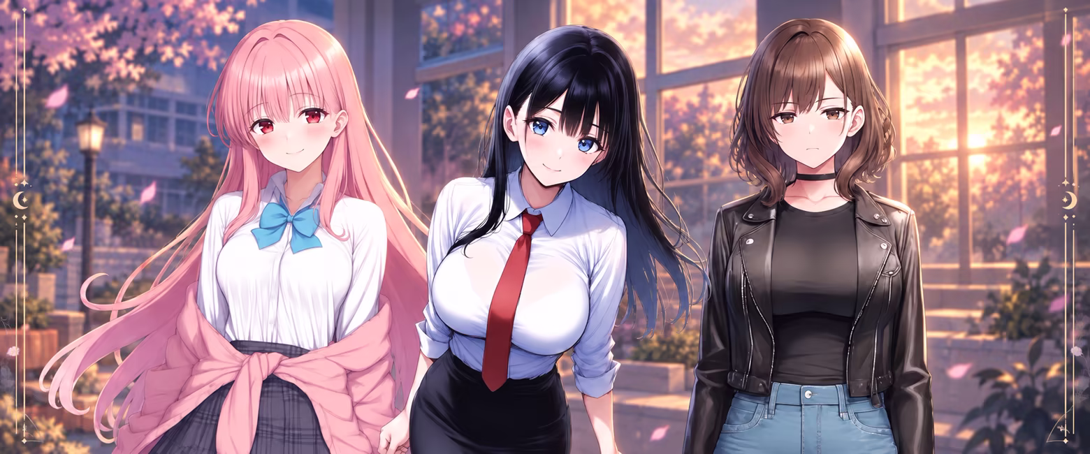 The three heroines of Tsukikage Gakuen: Yuki, Ms. Makoto, and Akane from left to right, against a campus at dusk.