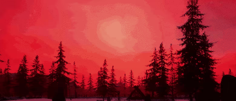 Garlo’s perception transforms the landscape into an unstable red vision.