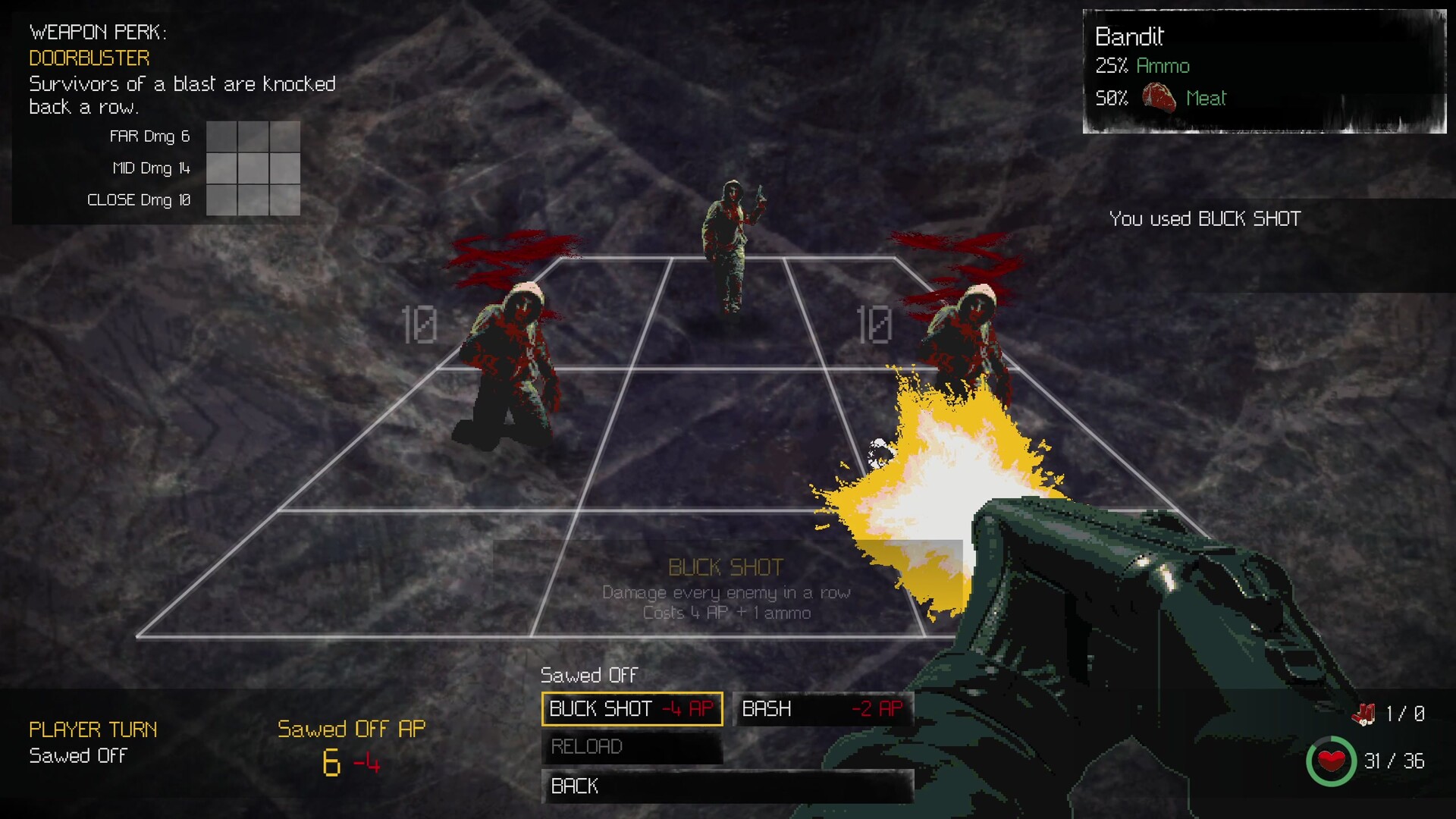 Uno scontro a turni in Medium Rare, dungeon crawler disegnato con foto d'archivio ridipinte