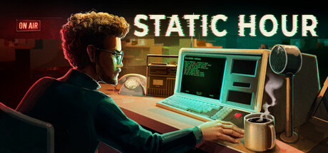 Static Hour header art showing a 1980s newsroom desk with CRT monitors and a rotary phone
