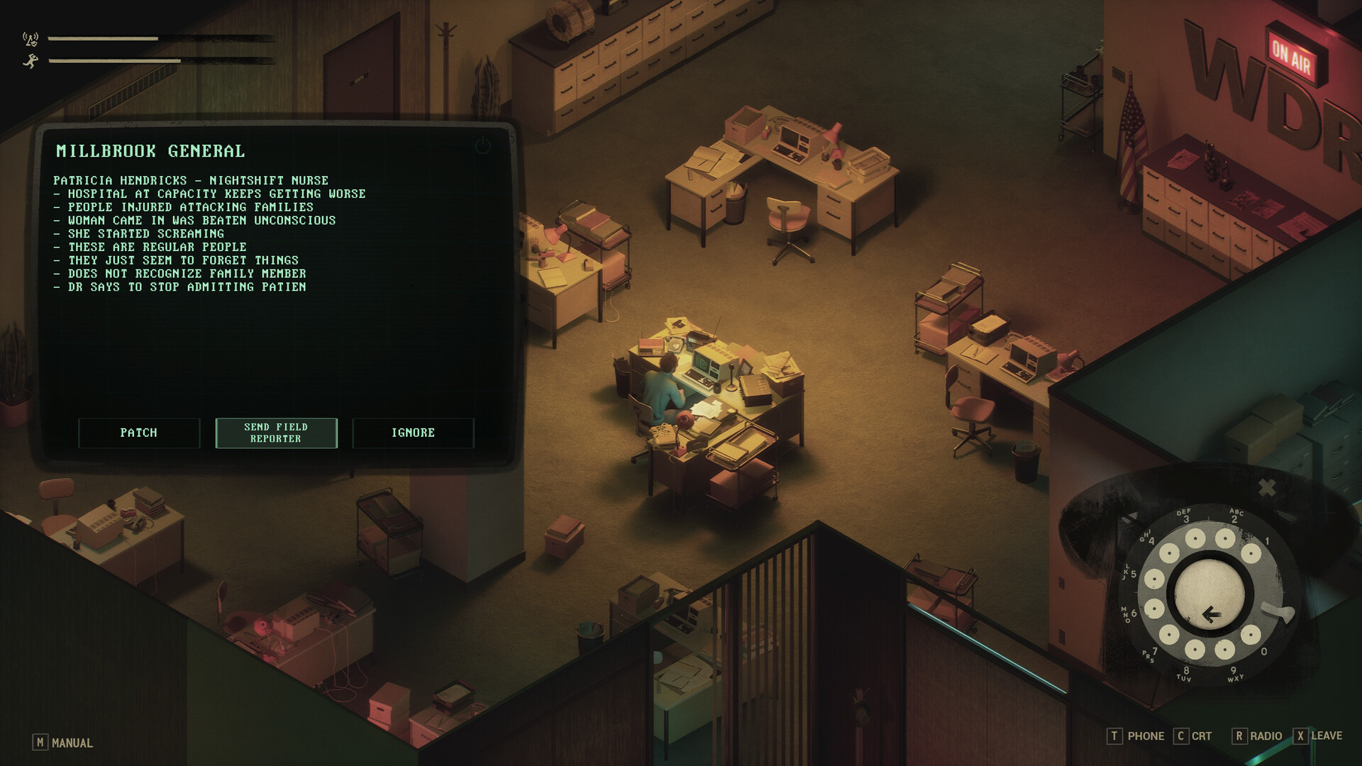 Static Hour gameplay showing a darkened newsroom lit by CRT screens