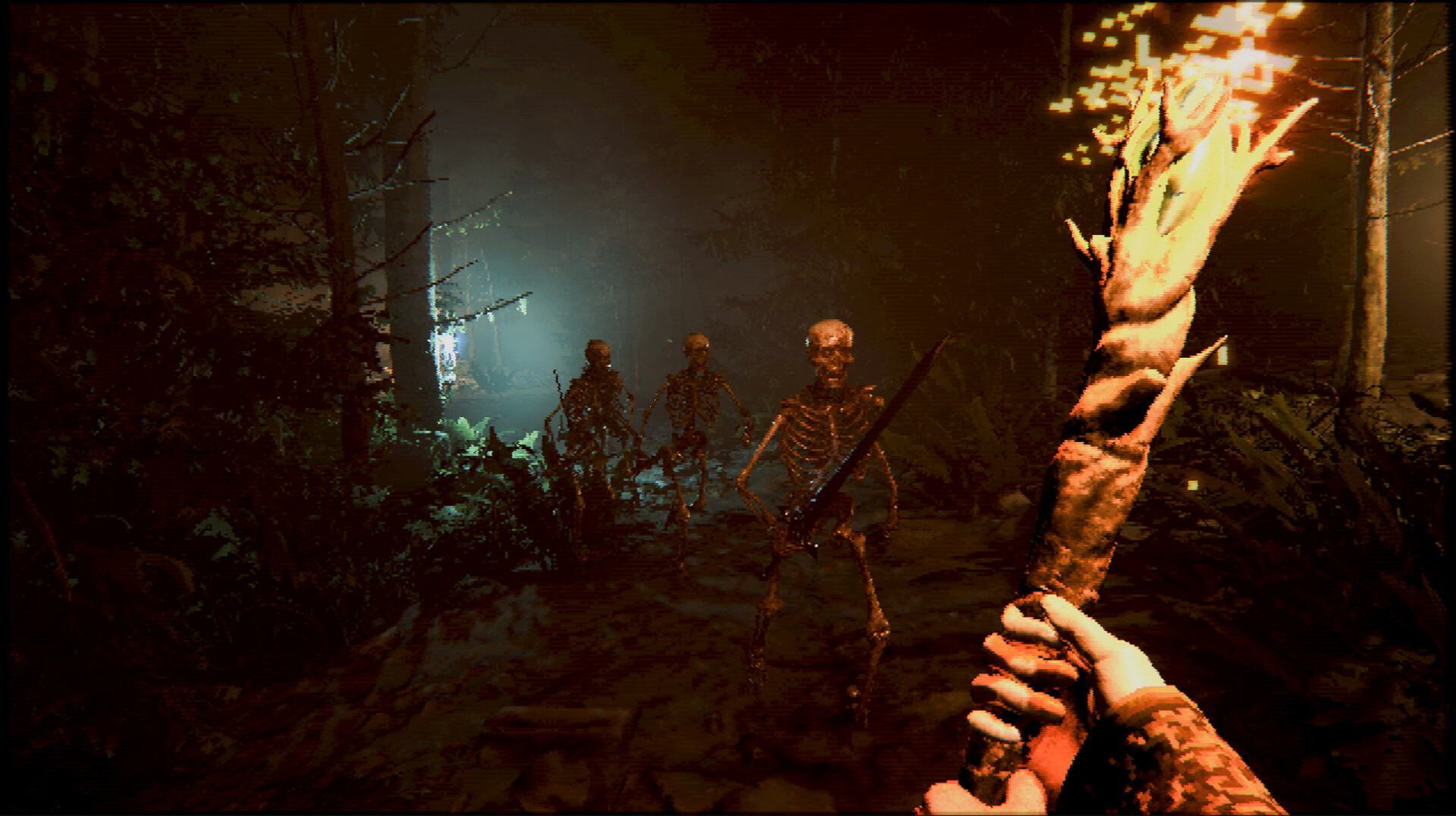 A torch-lit first-person dungeon corridor in Ignite the Depths