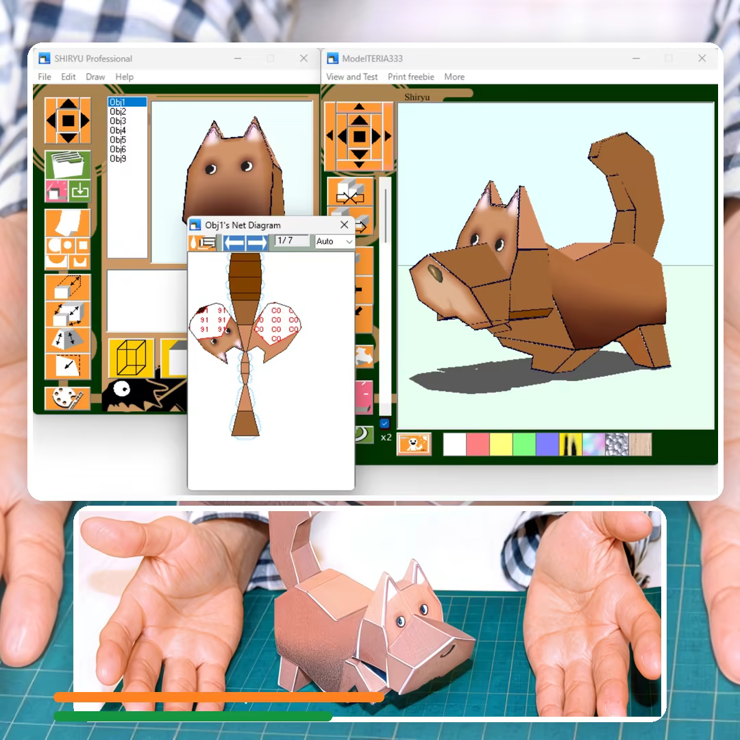 SHIRYU workflow showing the on-screen 3D model, unfolded pattern, and completed paper cat.