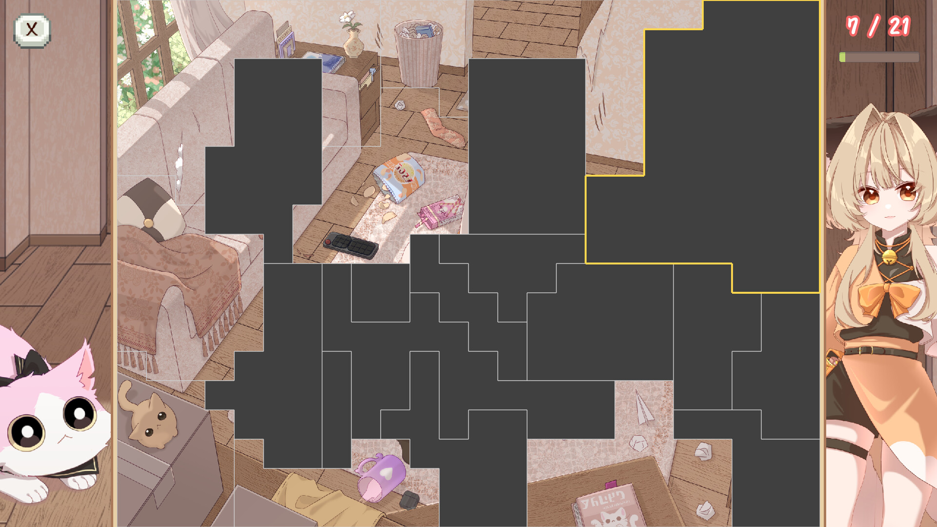 やらかしにゃんこパズル 公式スクリーンショット ソファ周りが荒らされた部屋のイラストに灰色の欠けた区画が残っている