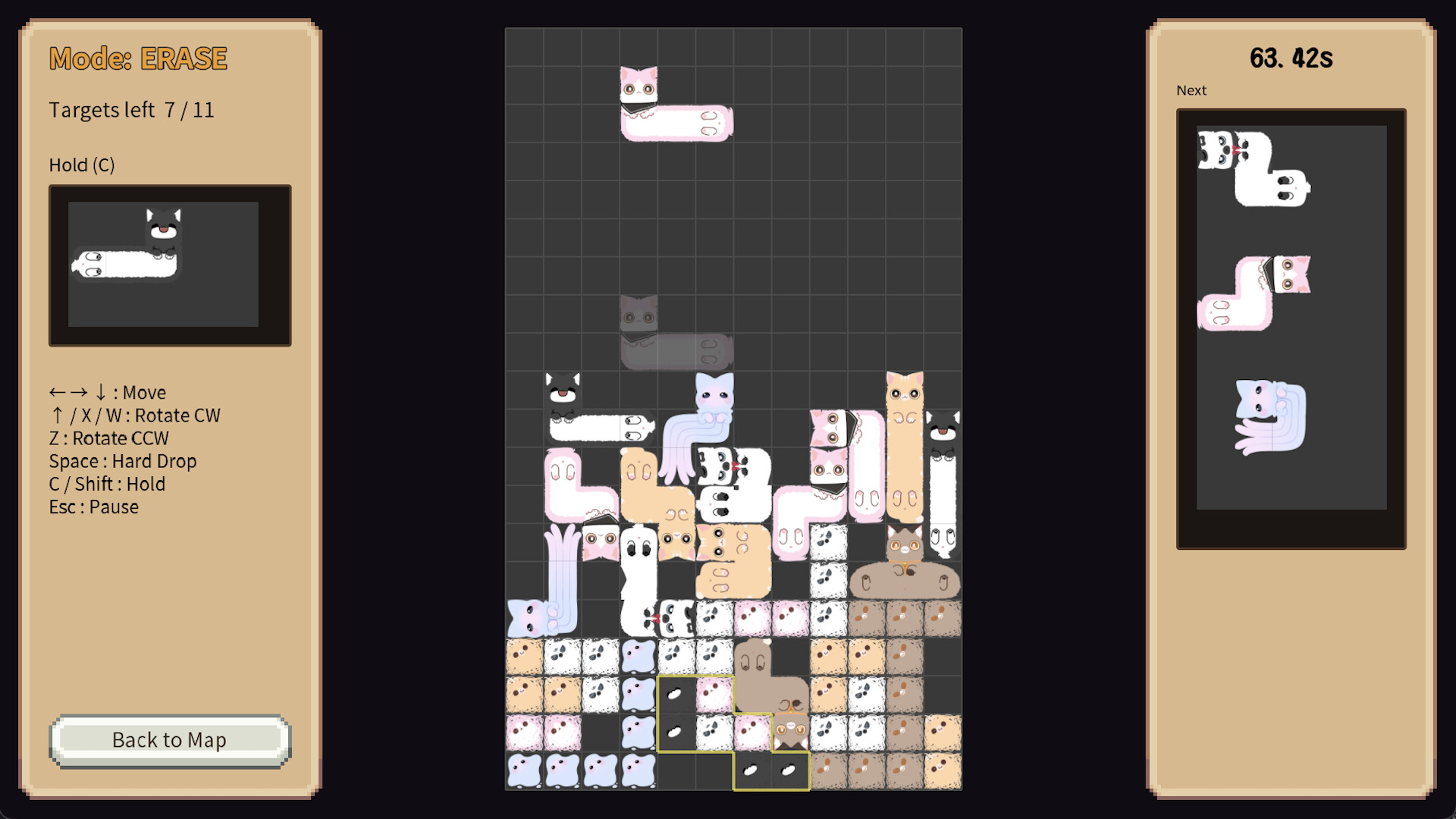 やらかしにゃんこパズル 公式スクリーンショット ERASEモードで猫の形をしたブロックを積む画面