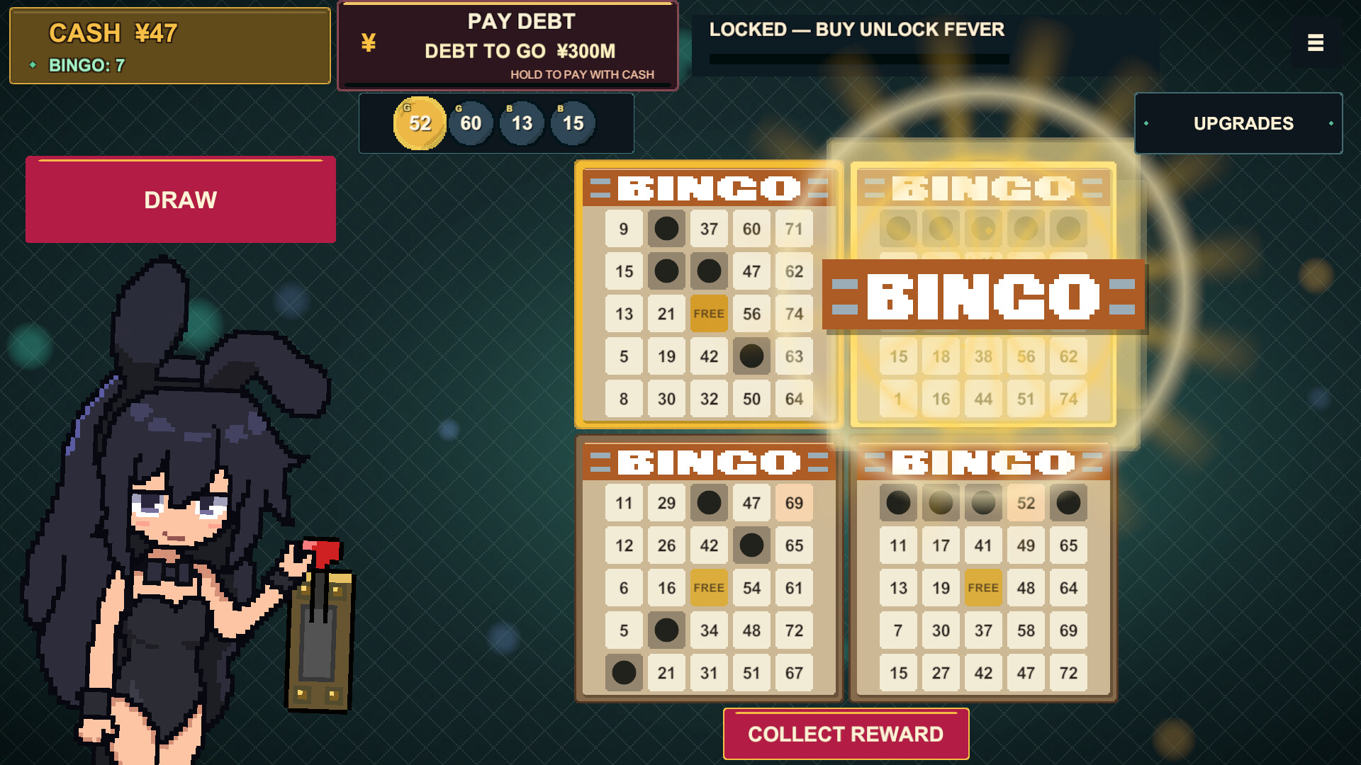 Bingo Factoryのゲーム画面。左にバニーガールと抽選レバー、中央に4枚のビンゴカード、上部に残りの借金300M円の表示
