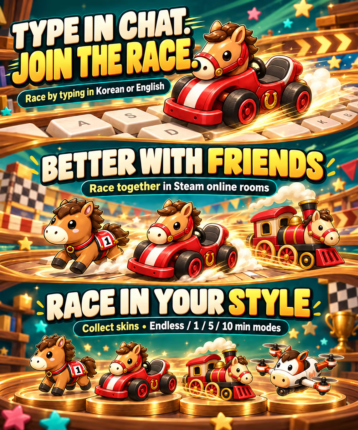 Illustrated horse racers on a keyboard racetrack. Features include Korean and English typing races, Steam online multiplayer, cosmetic skin collection, and endless, 1-, 5-, and 10-minute modes.