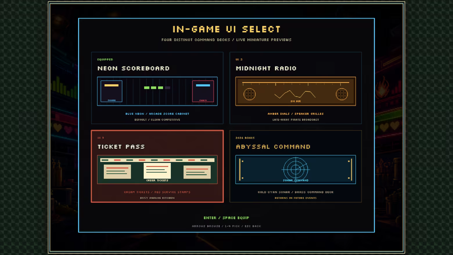 Four selectable command-deck interface themes: Neon Scoreboard, Midnight Radio, Ticket Pass, and the Abyssal Command 2026 bonus. Ticket Pass is previewed.