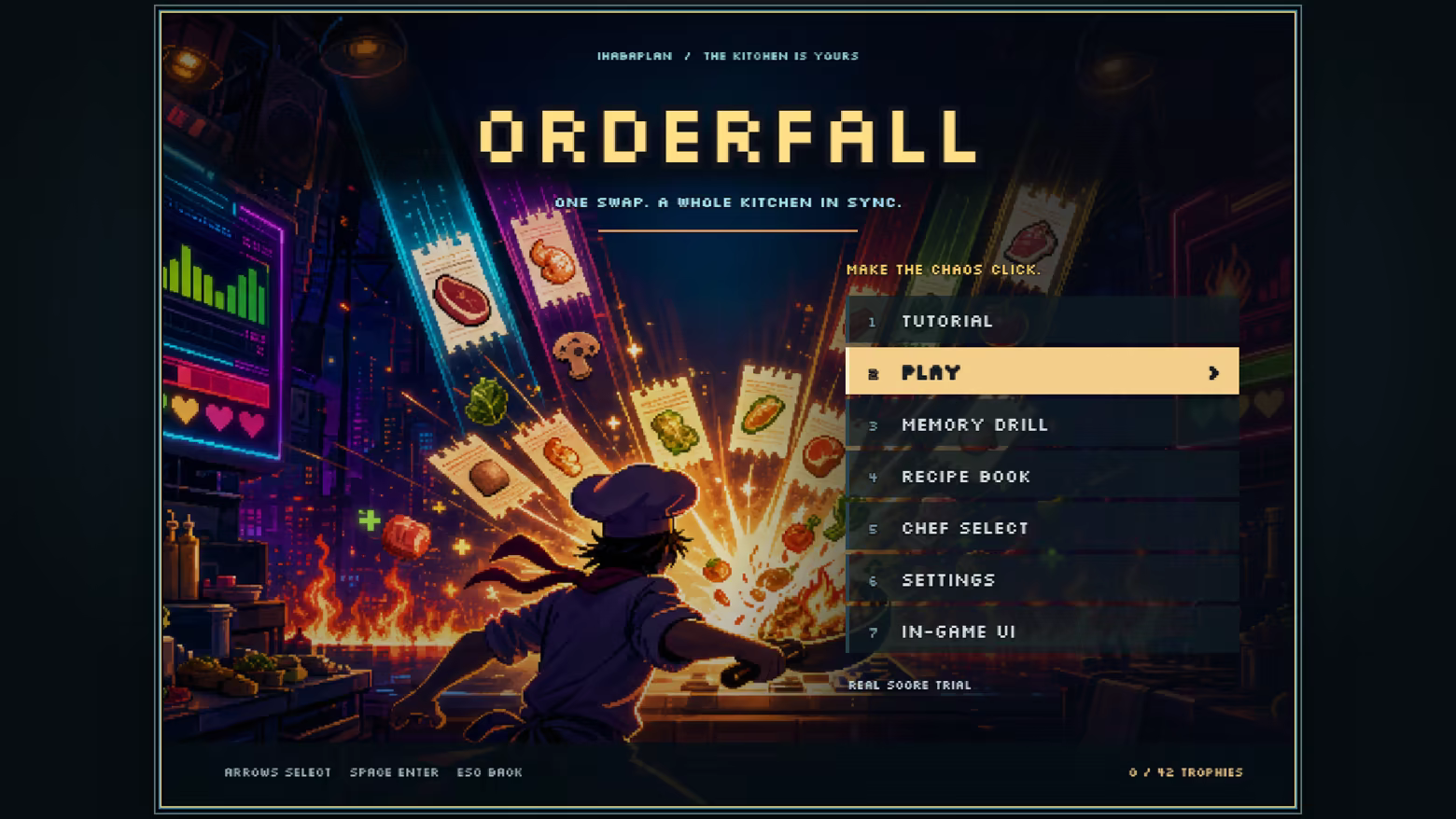 Orderfall title menu with neon kitchen artwork, falling recipe tickets, and options for game modes, recipe practice, chef selection, settings, and interface themes.