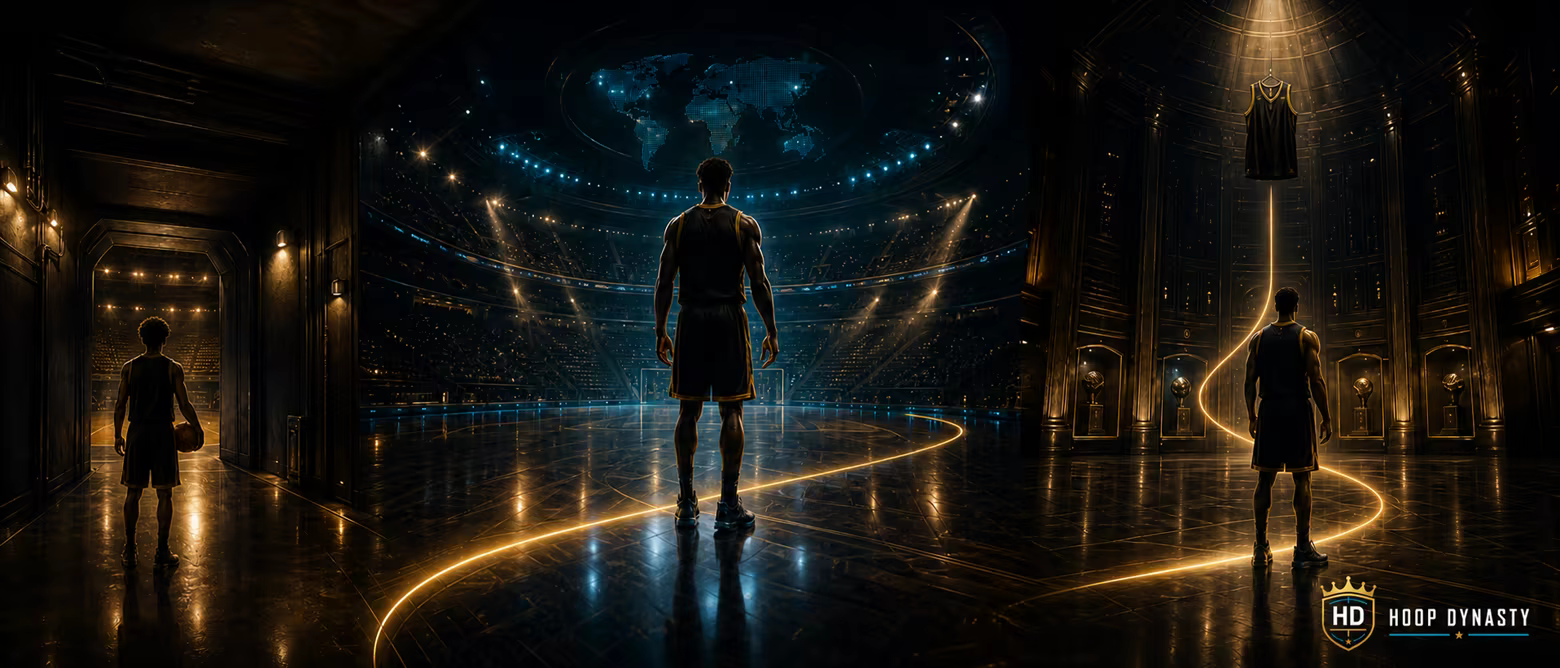 Basketball career illustration with players at different stages of their careers and the Hoop Dynasty crest.
