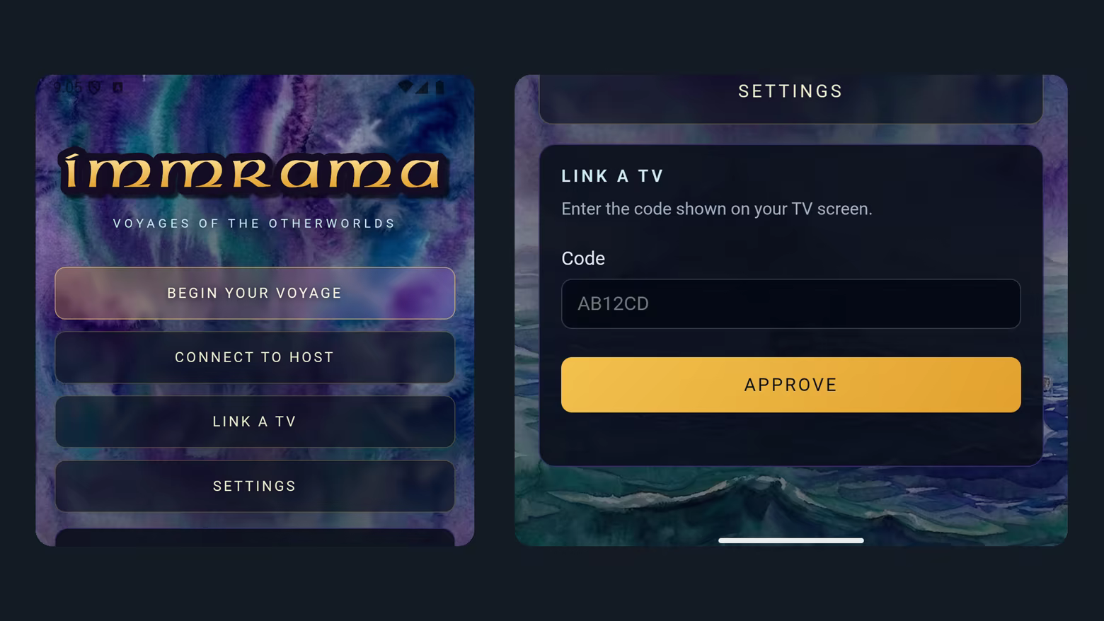 Two phone screens side by side: the IMMRAMA mobile menu with Begin Your Voyage, Connect to Host and Link a TV, and the Link a TV code entry screen.