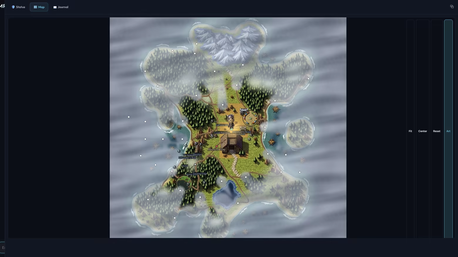 The full sea chart of Tethysia, hand-painted, with explored regions inked in and unexplored waters still fogged.