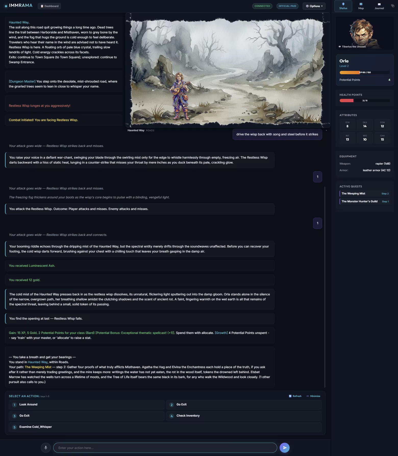 Combat on the Haunted Way: dice results, health, and equipment resolve the fight while the narrator describes it.