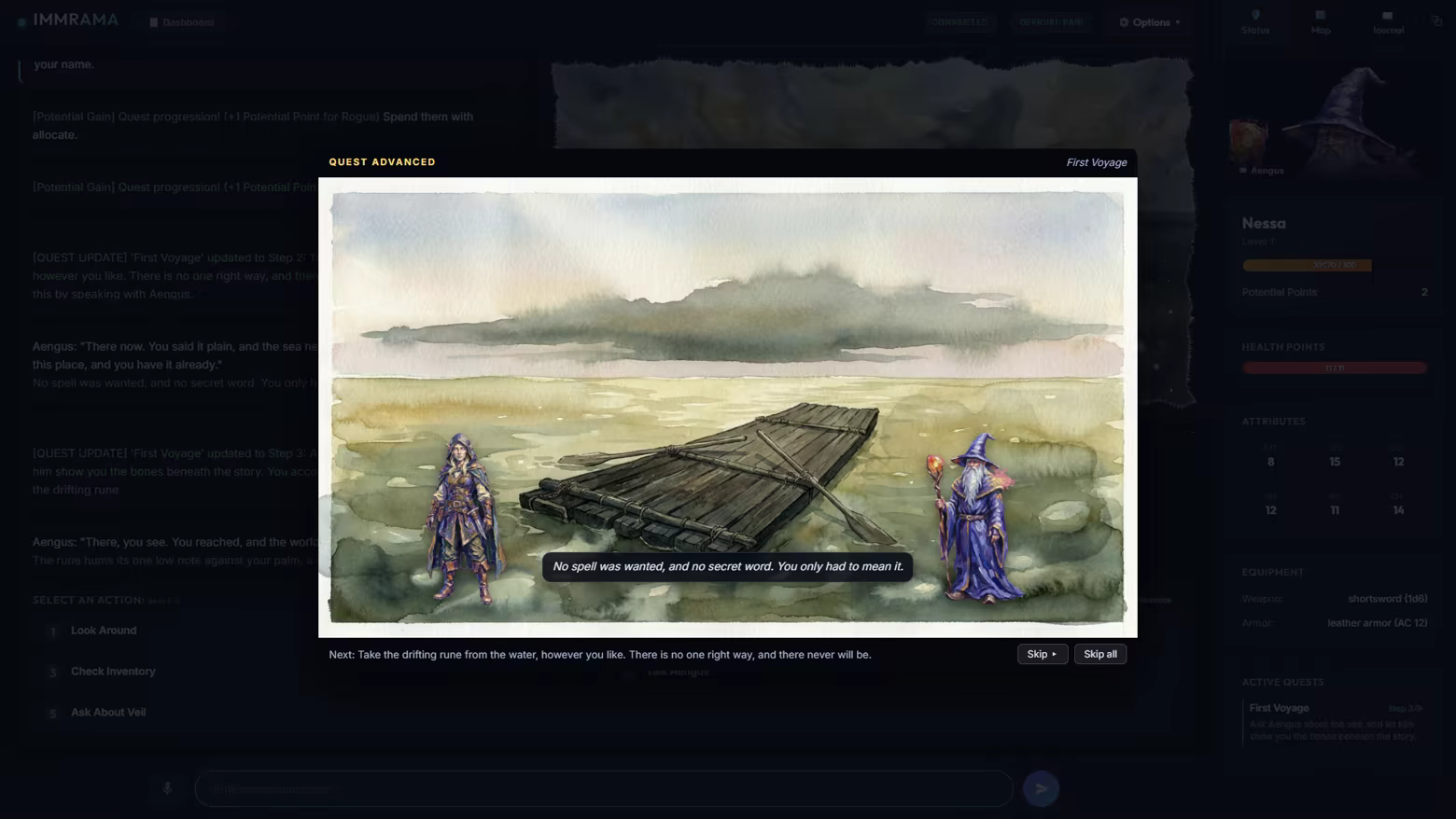A voiced cutscene: a full-screen watercolor painting with narration.