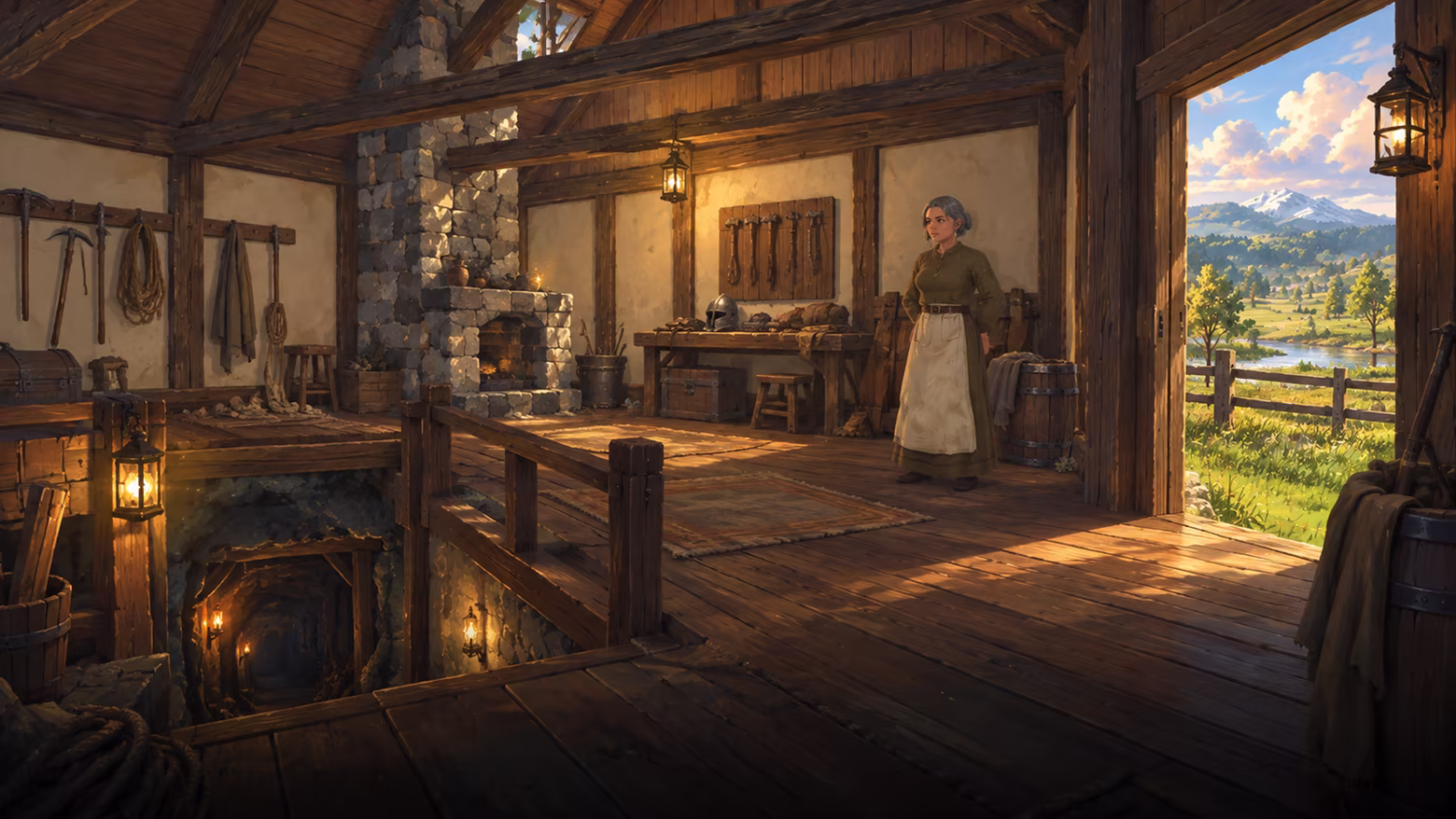 Greyvein Mine loading-screen artwork: a lantern-lit timber workshop with tools and a woman beside the doorway, overlooking Greenfall, and stairs descending into the mine.