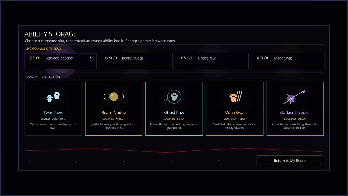 Ability Storage shows four command slots and a collection of owned Pawcraft abilities.
