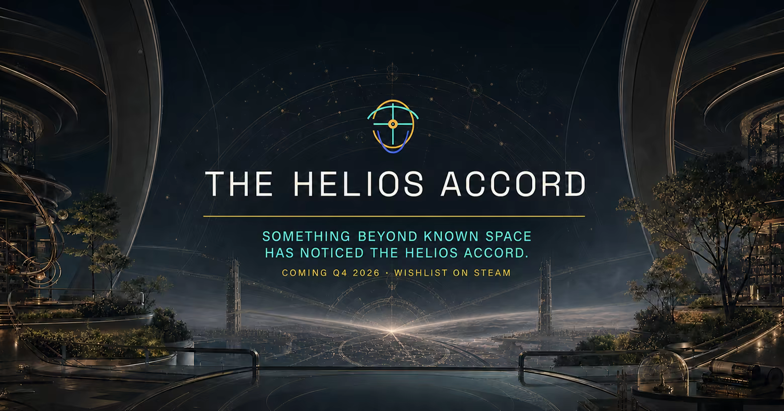 The Helios Accord title over a serene post-scarcity civic observatory, with an impossibly precise horizon line and the message: Something beyond known space has noticed the Helios Accord.