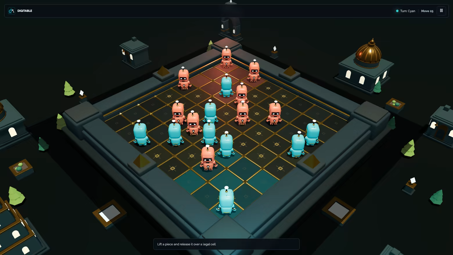 A midgame Corners Arena position where turquoise and coral sentinels cross near the center of the board.