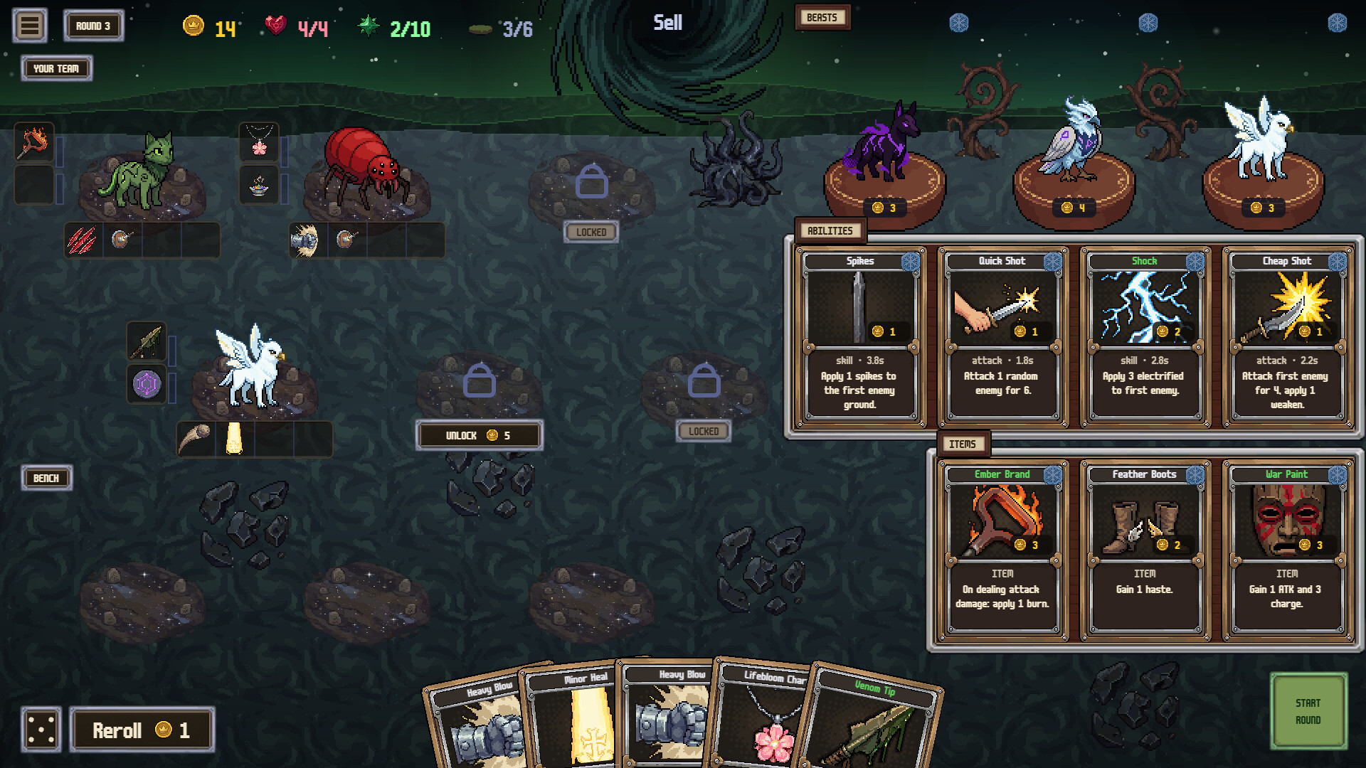 Deck Beasts 開局的準備階段：隊伍只有三格，右側是可以購買的野獸與技能