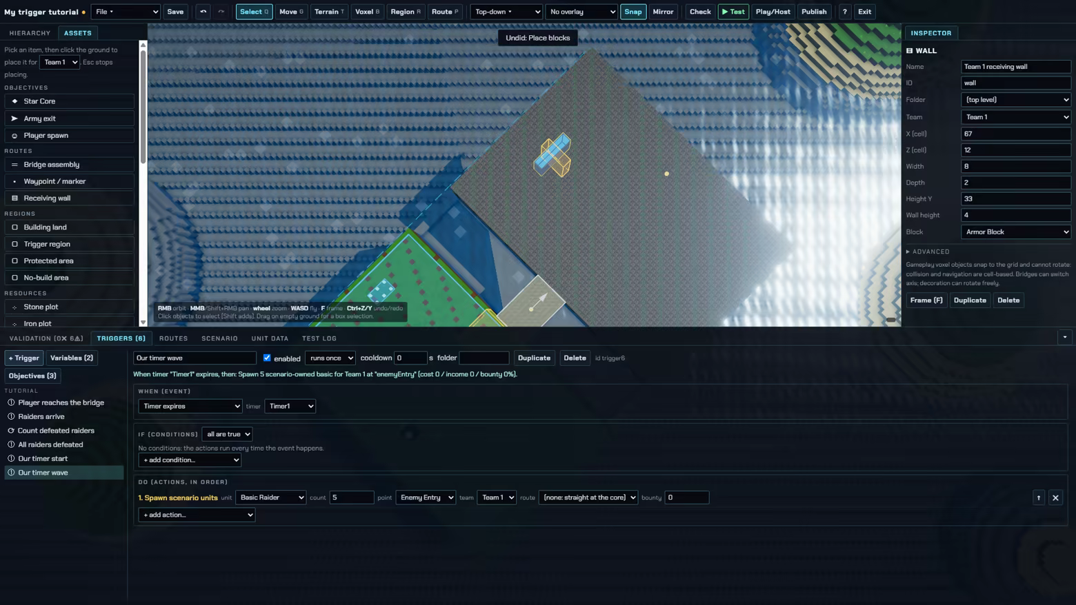 The 3D scenario editor shows terrain and a dropdown-driven trigger being configured.