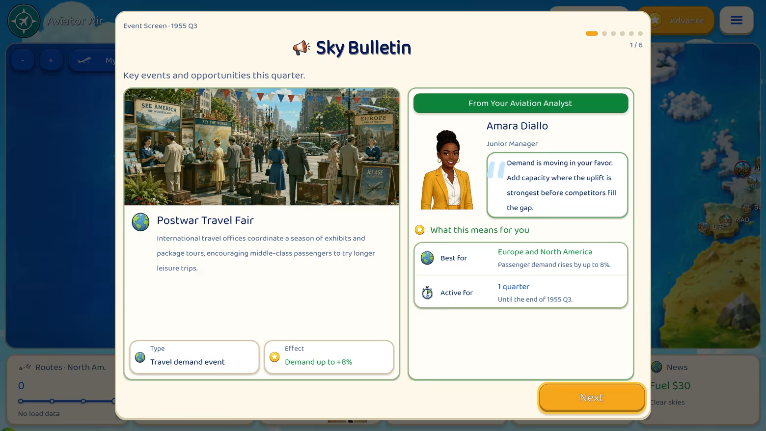 A localized Sky Bulletin shows a travel-demand event and its effect on your airline.