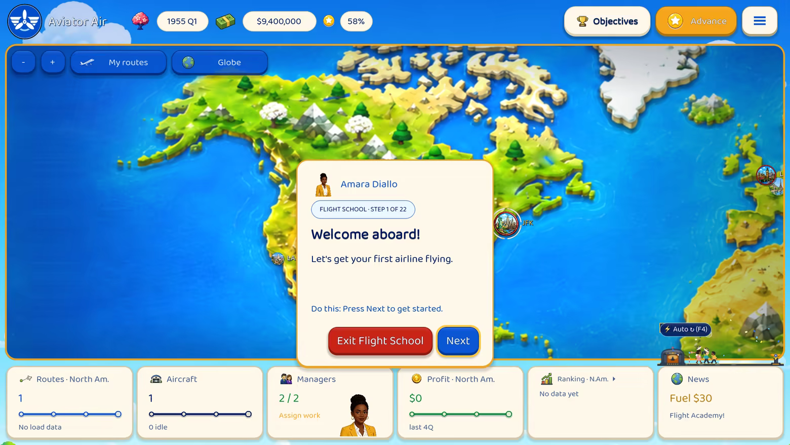 Flight School introduces airline management with guided steps on the world map.