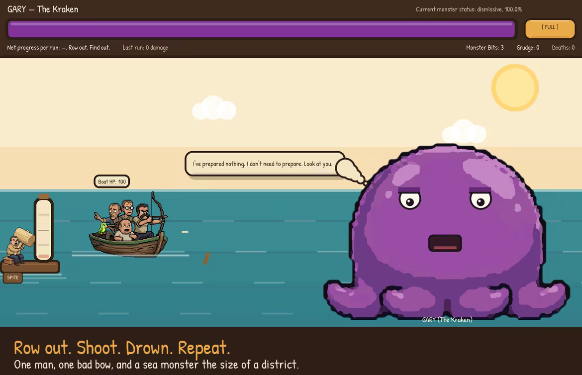 A pixel-art sea battle: a small wooden rowboat of bearded crewmen fires an arrow at Gary, an enormous purple blob kraken with heavy-lidded eyes filling the right of the screen. His speech bubble reads "I've prepared nothing. I don't need to prepare. Look at you." A full purple health bar spans the top.