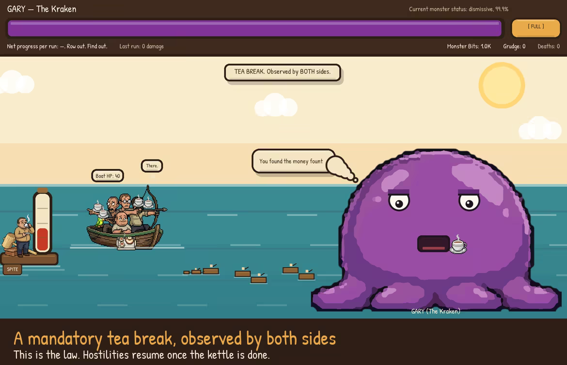 A ceasefire at sea: the crew hold up teacups in their rowboat while Gary the purple kraken holds a saucer of his own. A banner reads "TEA BREAK. Observed by BOTH sides." Gary's bubble says "You found the money fount".