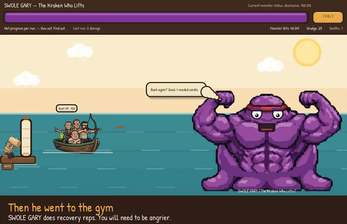 SWOLE GARY — the same purple kraken, now enormously muscular with a red sweatband and folded arms — towers over the tiny rowboat. His speech bubble reads "Back again? Good. I needed cardio."