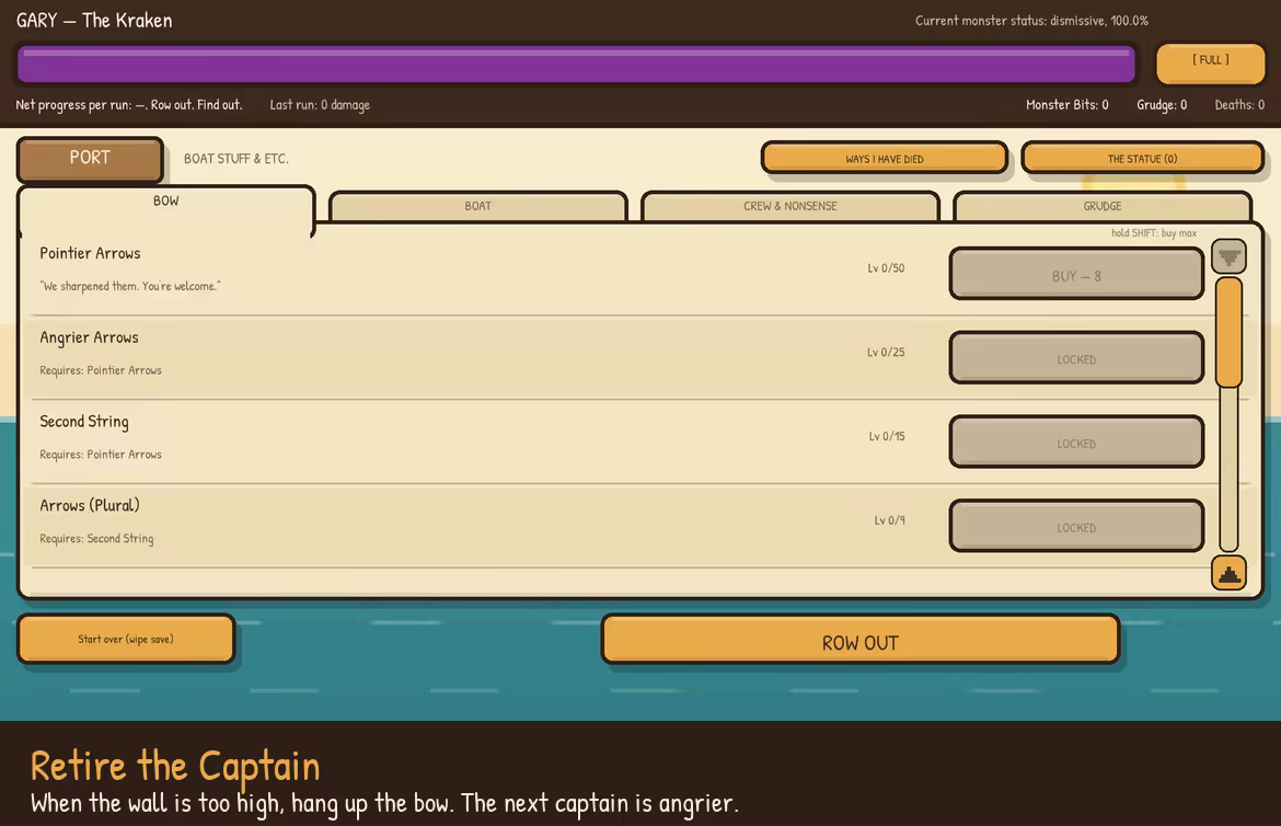 The port upgrade screen, with tabs for Bow, Boat, Crew & Nonsense and Grudge. Bow upgrades are listed — Pointier Arrows at level 0 of 50 with a "BUY — 8" button, and Angrier Arrows, Second String and Arrows (Plural) all locked. A large "ROW OUT" button sits at the bottom.