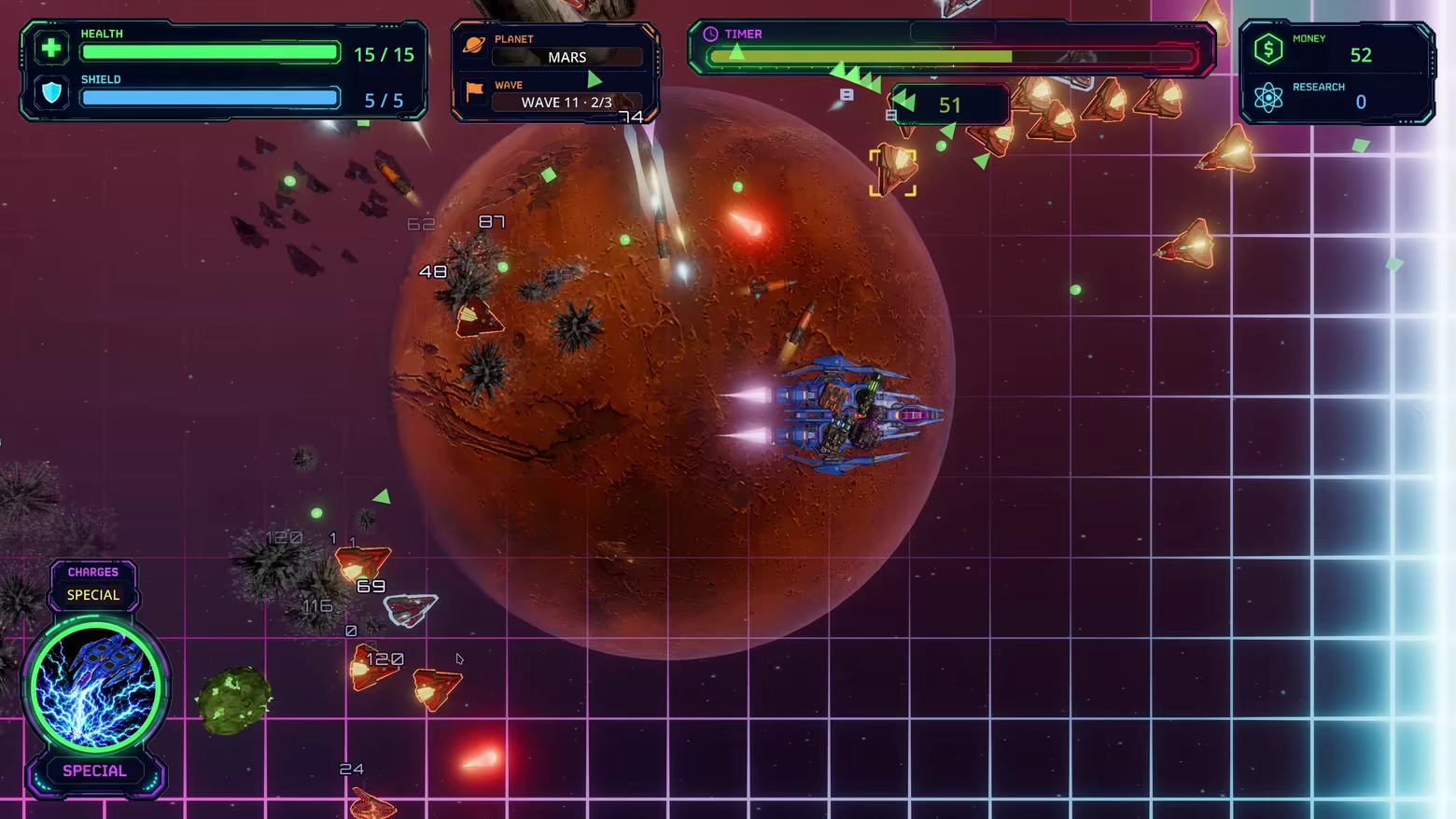 A ship fighting a wave of aliens above Mars.