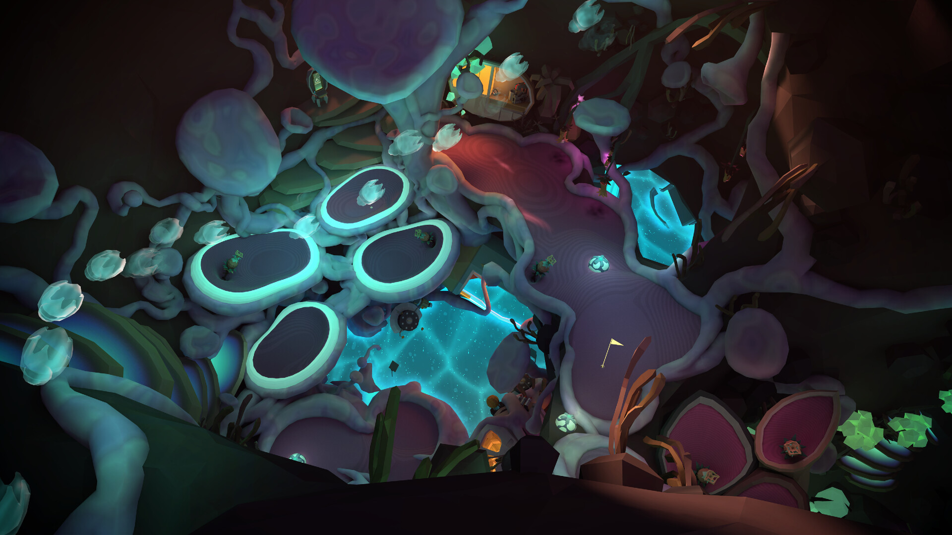 A glowing alien cavern on Planet Xylodon with luminous pods, pale vines and a yellow pin on the green