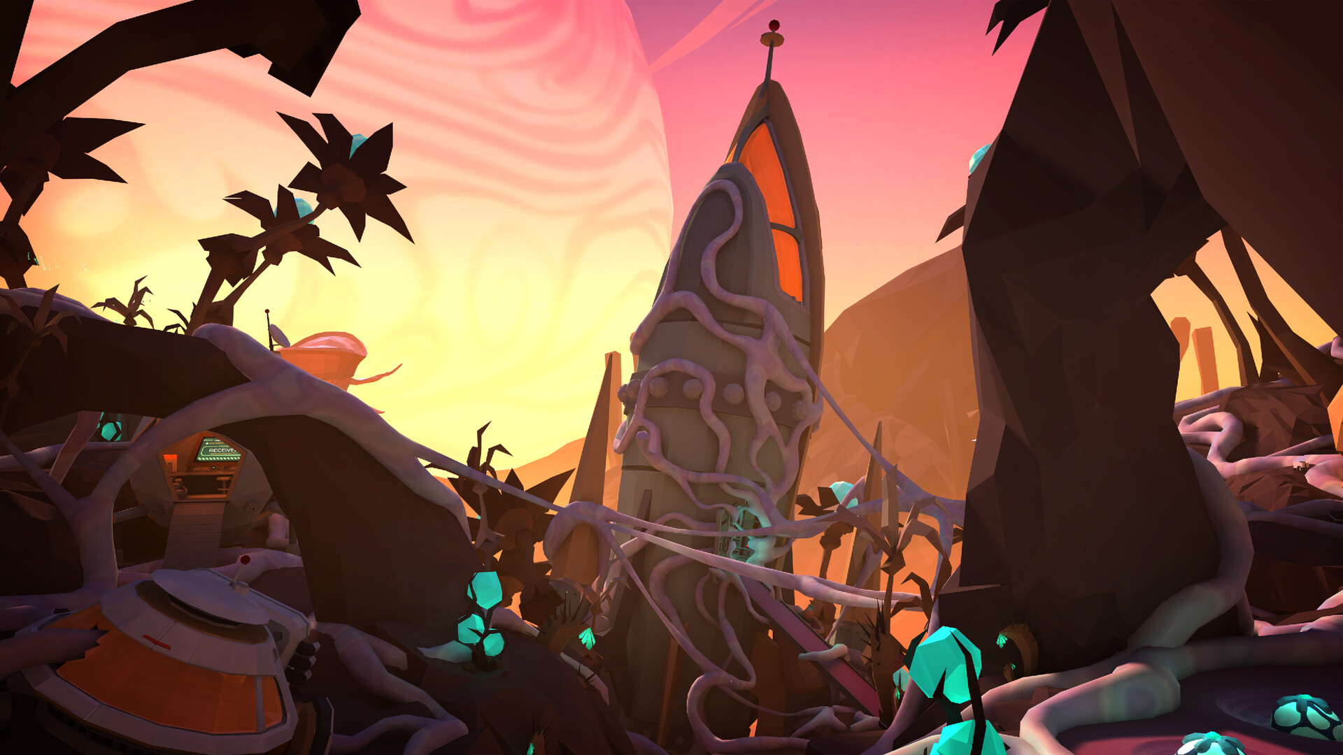 A landed rocket wrapped in pale alien vines on Planet Xylodon, under a pink and orange sky