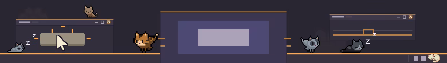 A mouse cursor pressing a button inside a window while a cat sits undisturbed on its roof, two cats running off a monitor that is running a fullscreen game, a flat CPU graph, and the app asleep as a system tray icon.