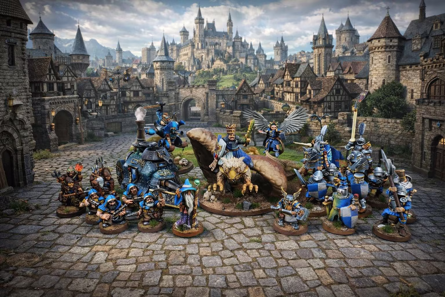 Painted human Kingdoms tabletop army, with knights, dwarves, heroes, a gryphon rider, an angel, and war machines assembled before a medieval city.