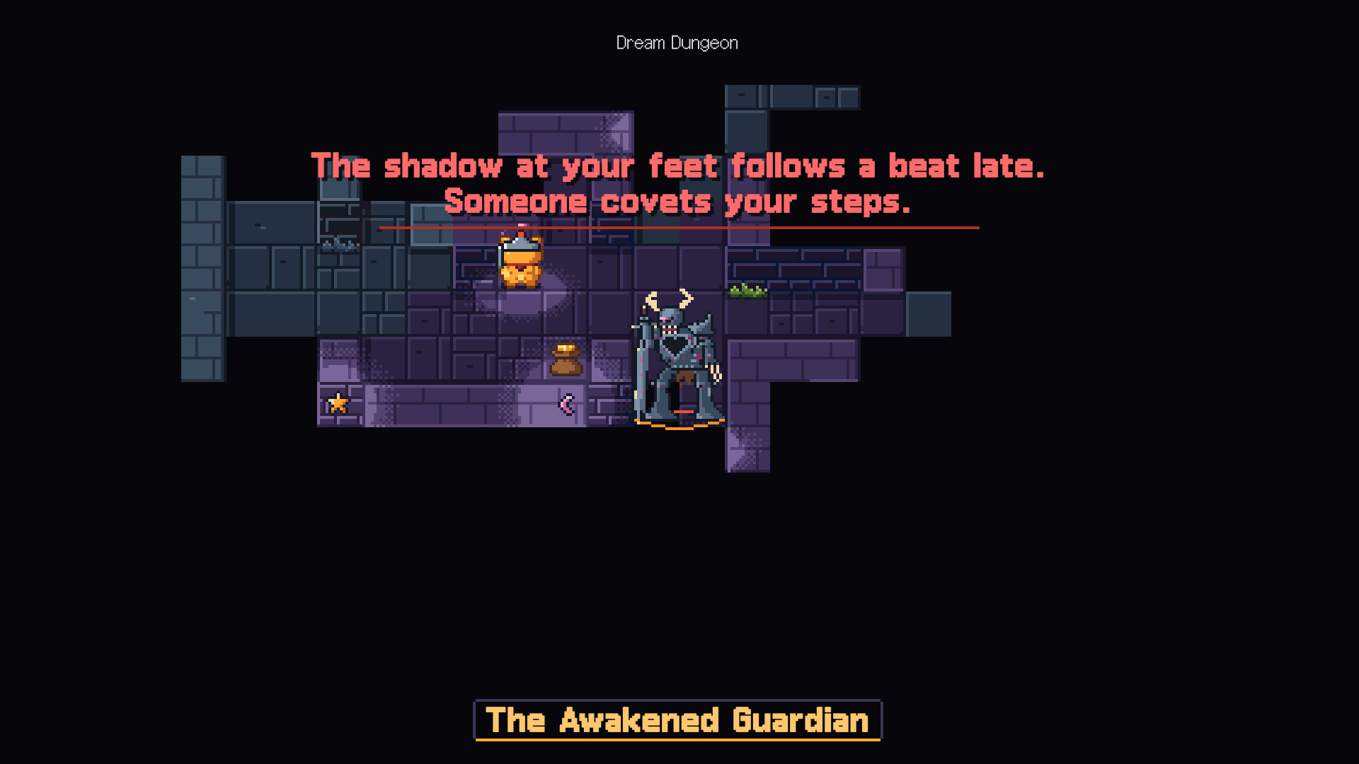 On a dark floor, the Awakened Guardian chases after Sookuma.
