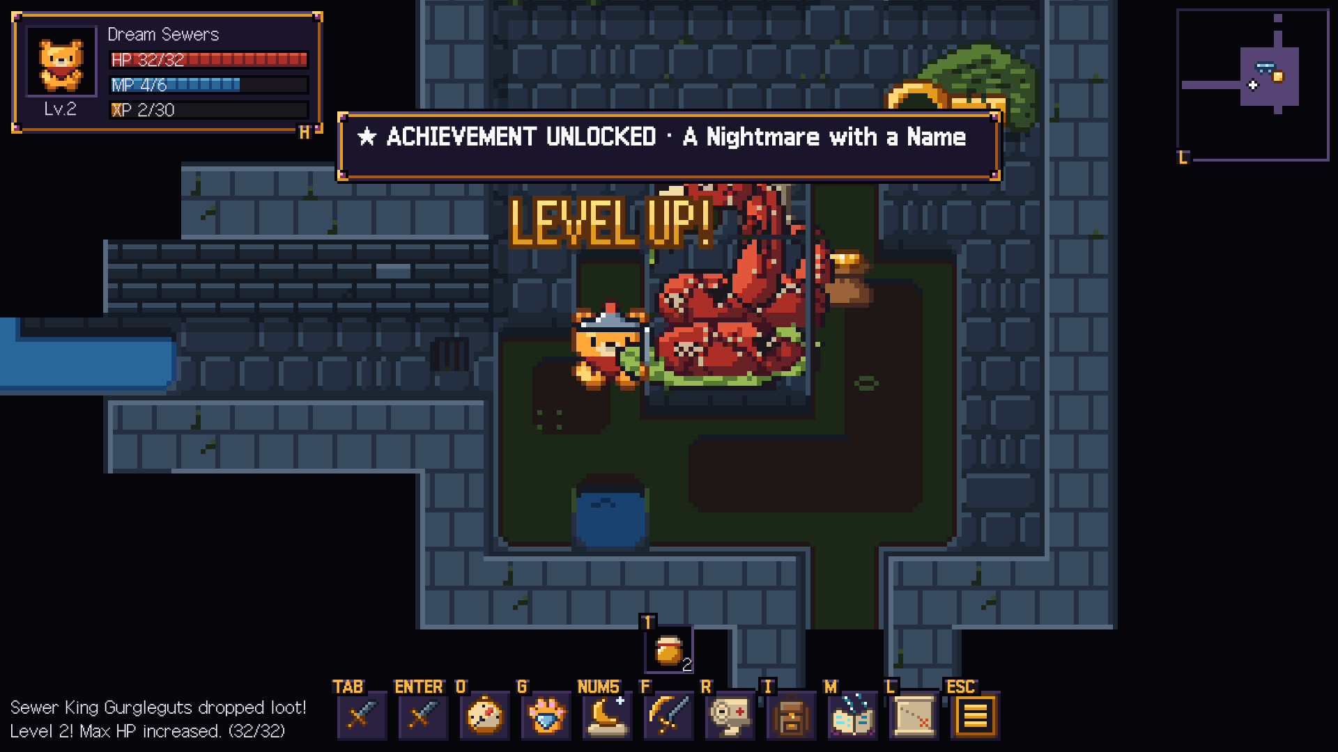 Leveling up mid-fight with a red monster in a dungeon corridor.