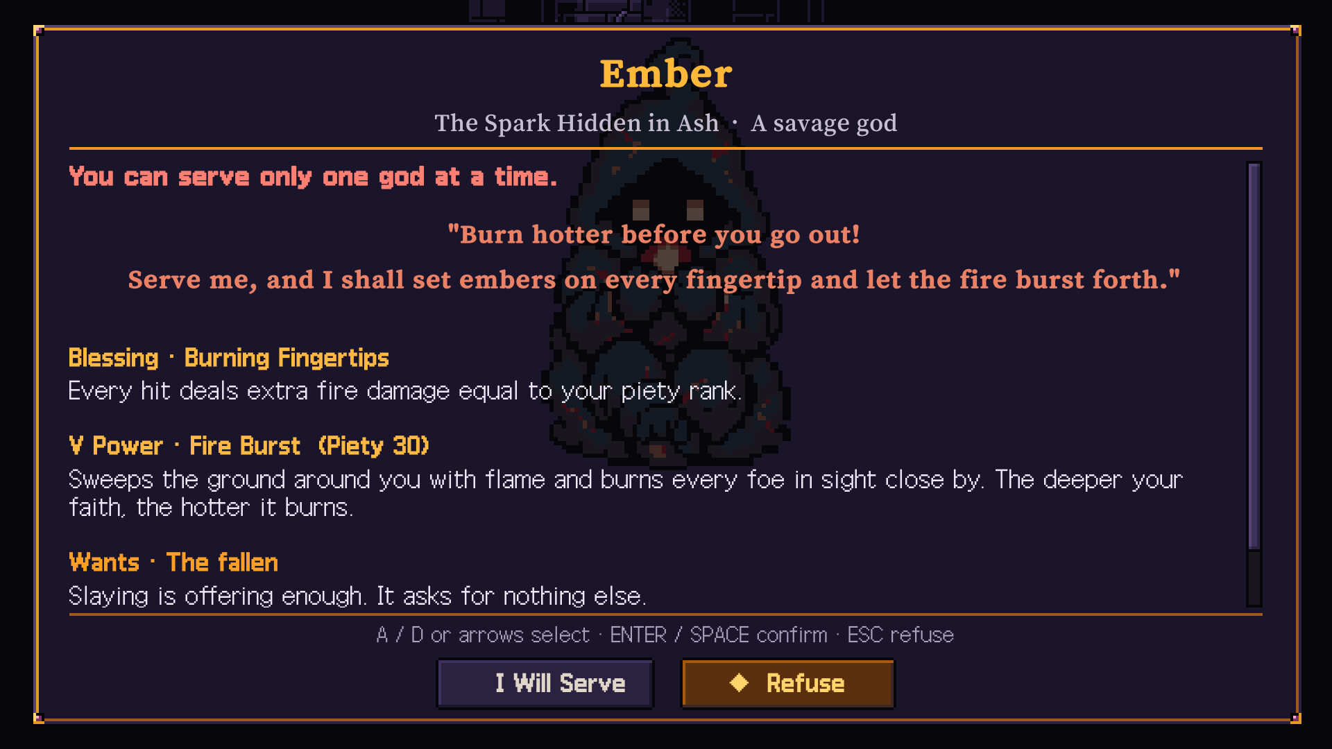 The covenant screen shown before you serve the god Ember. It lists the blessing, the power and what you must offer, and you can serve or refuse.