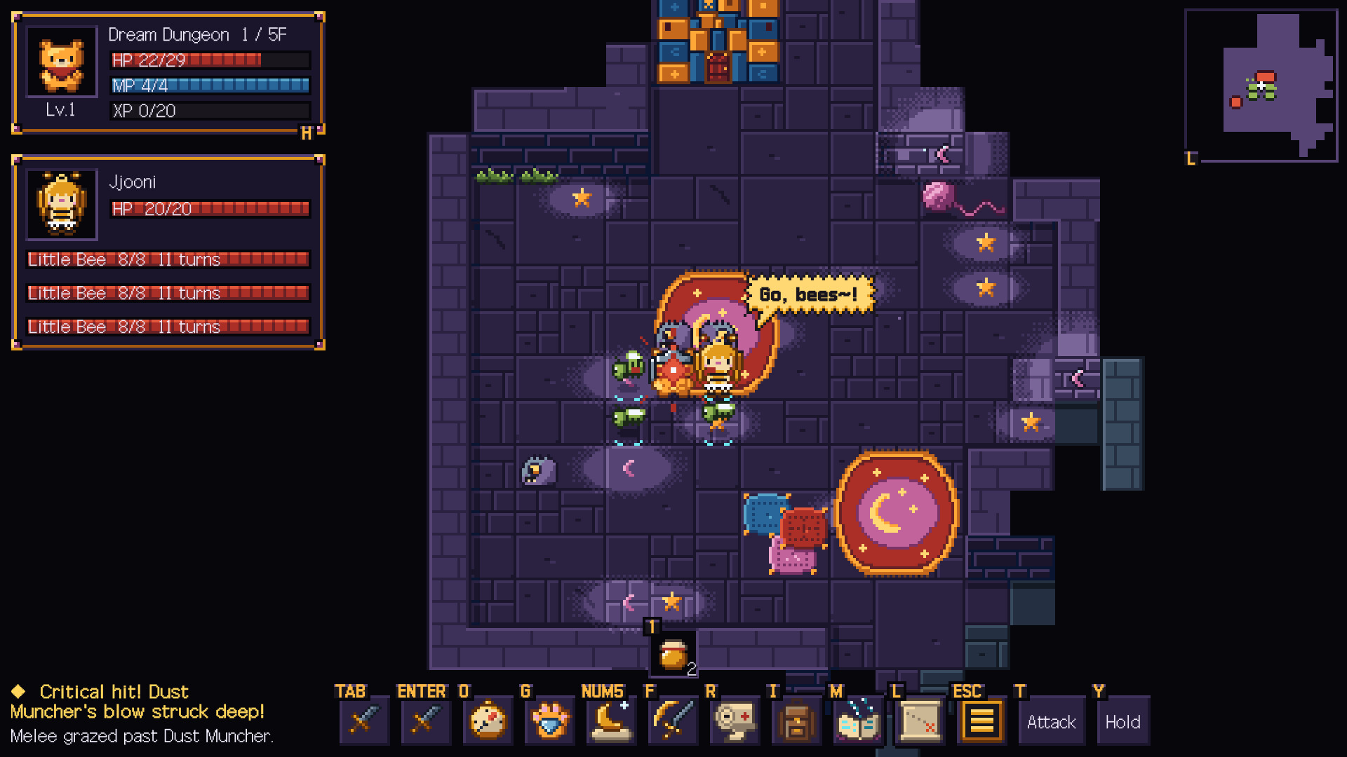Sookuma and companion Jjooni fight side by side on the first floor of the Dream Dungeon. The explored map is in the top right.