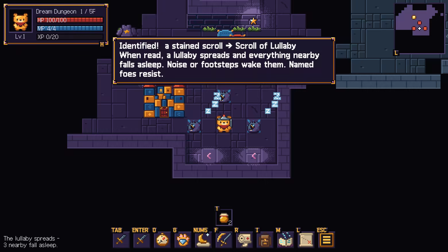 Reading a stained scroll reveals it as a Scroll of Lullaby, and nearby enemies fall asleep.