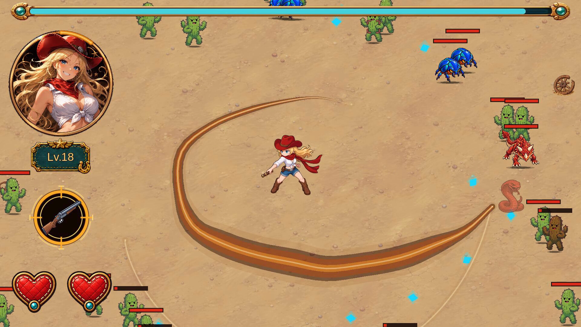 Goddess Must Survive 砂漠で弧を描く攻撃軌跡と蛇などの敵に囲まれる場面