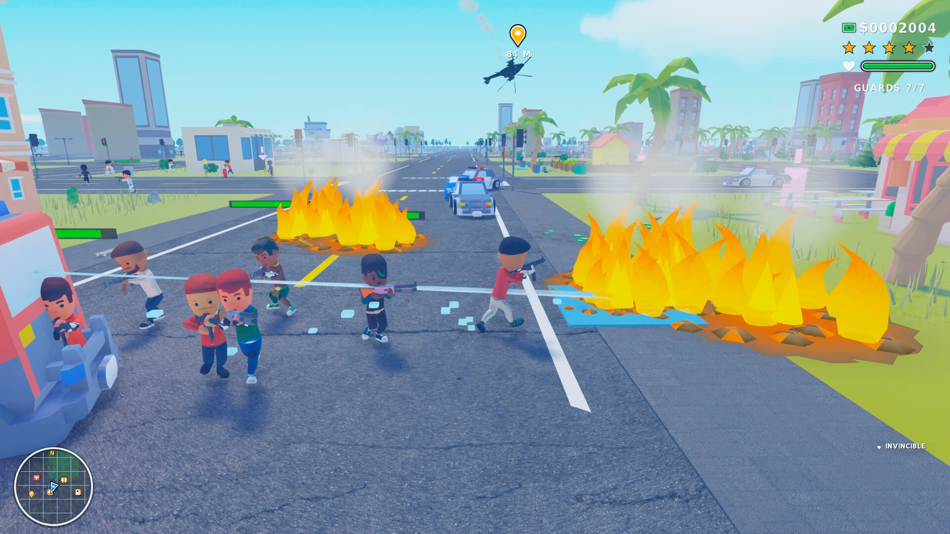 Police officers and burning vehicles on a city street in Cartoon Crime.