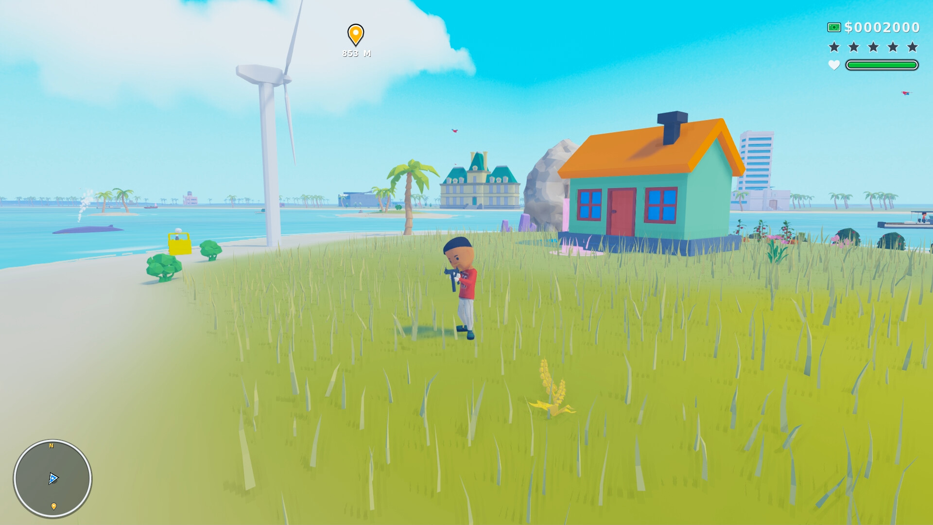 A character exploring a grassy shoreline beside a small house.