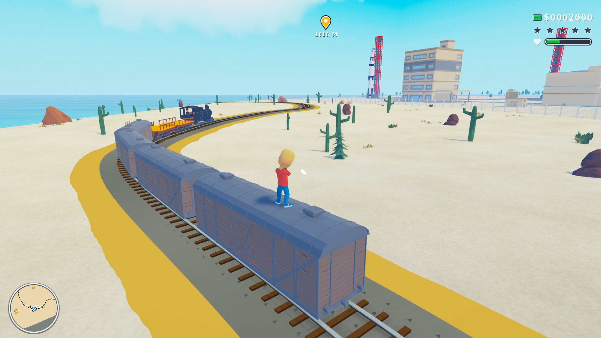 A character standing on a moving train in the desert.