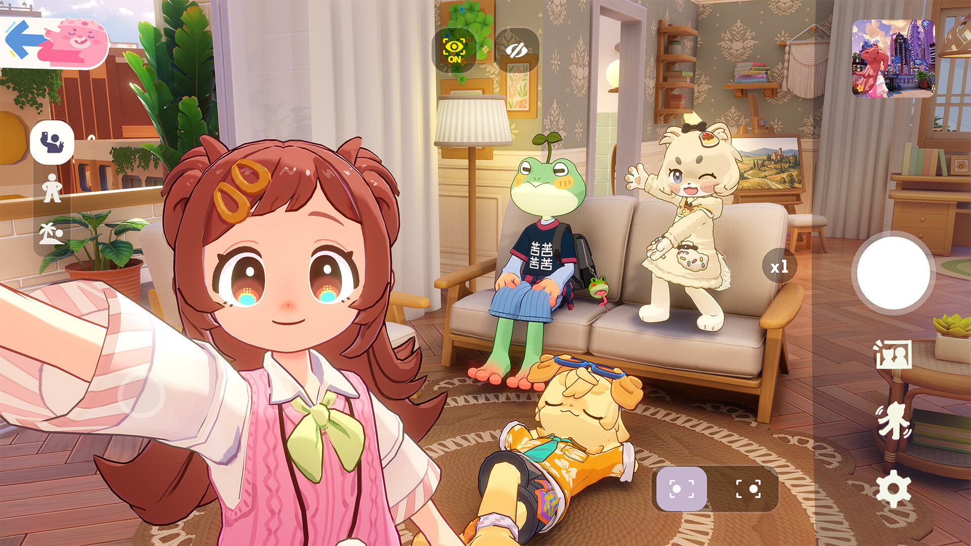 A human player character takes a selfie in a cosy apartment while a frog, a cream-coloured dog and a sleeping yellow dog lounge around the sofa