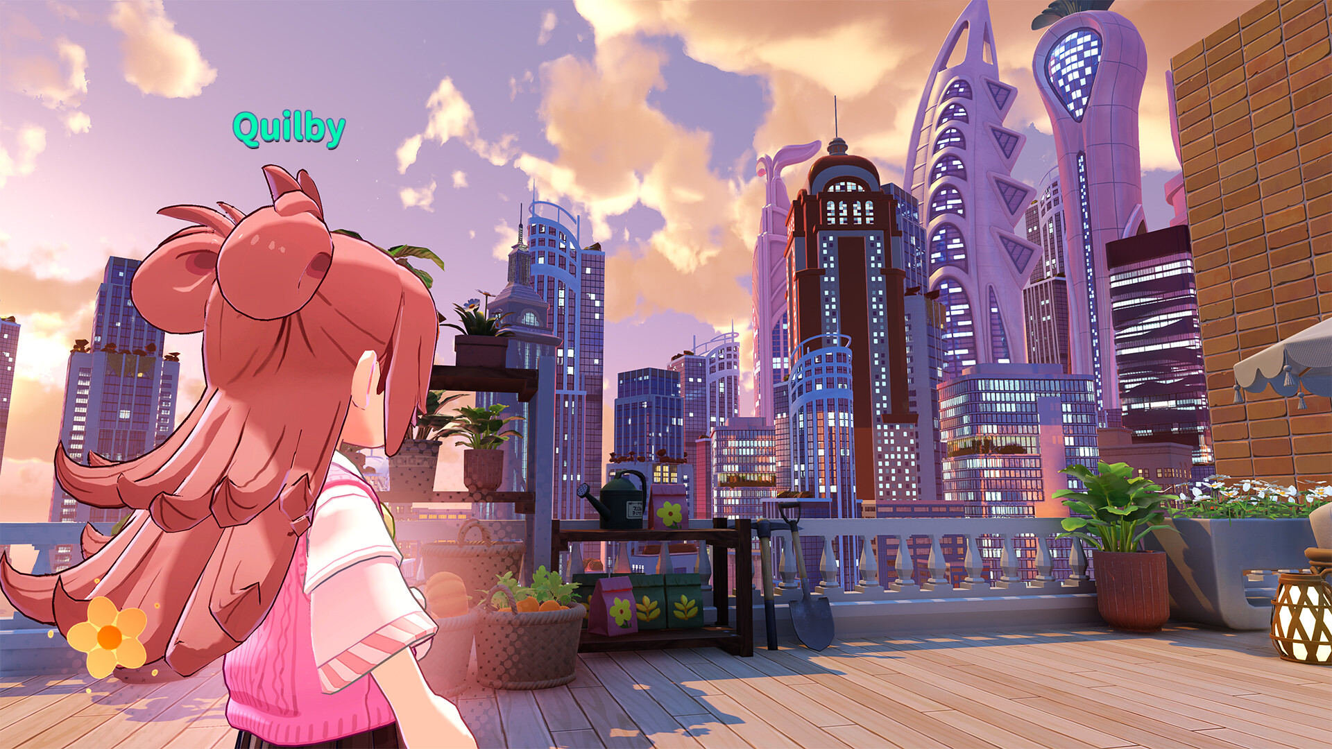 A pink-haired character stands on a rooftop garden terrace with potted plants and gardening tools, looking out at a skyline of tall buildings at sunset