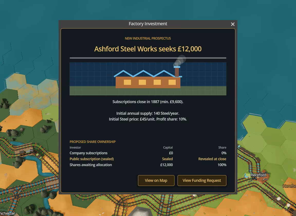 A factory investment prospectus seeks capital for Ashford Steel Works, with railway lines visible around the dialog.