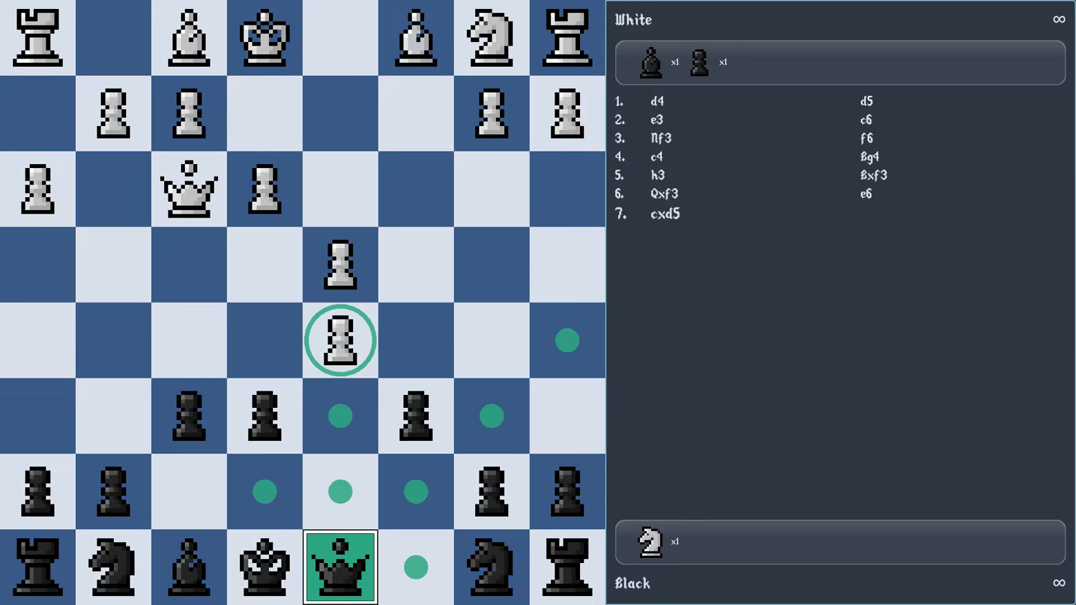 Pawn’d Chess gameplay screen with a chessboard in a London System position and a move history panel on the right listing the opening moves.