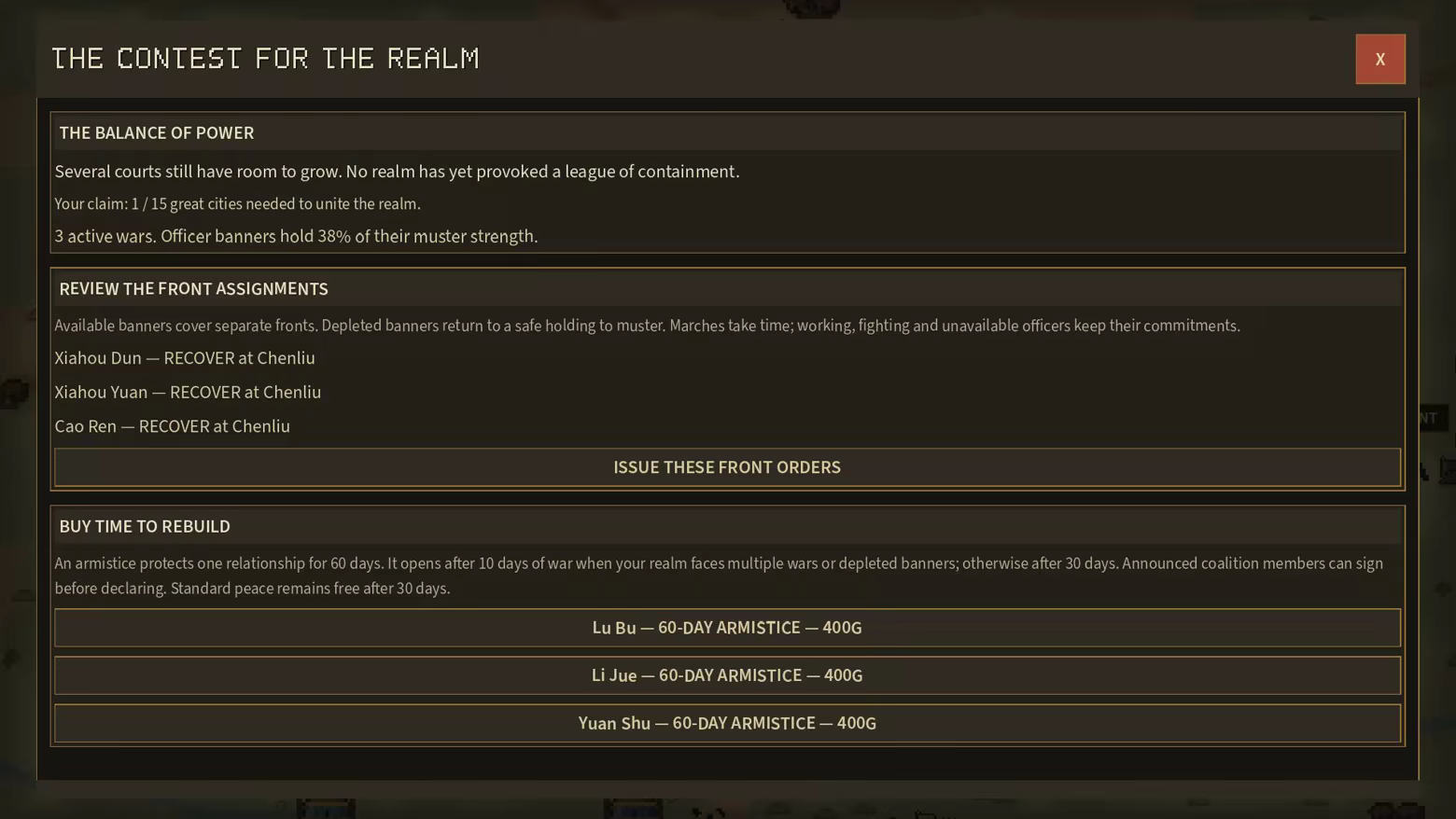 Campaign outlook shows three active wars, depleted officer banners returning to Chenliu, and paid armistice offers.