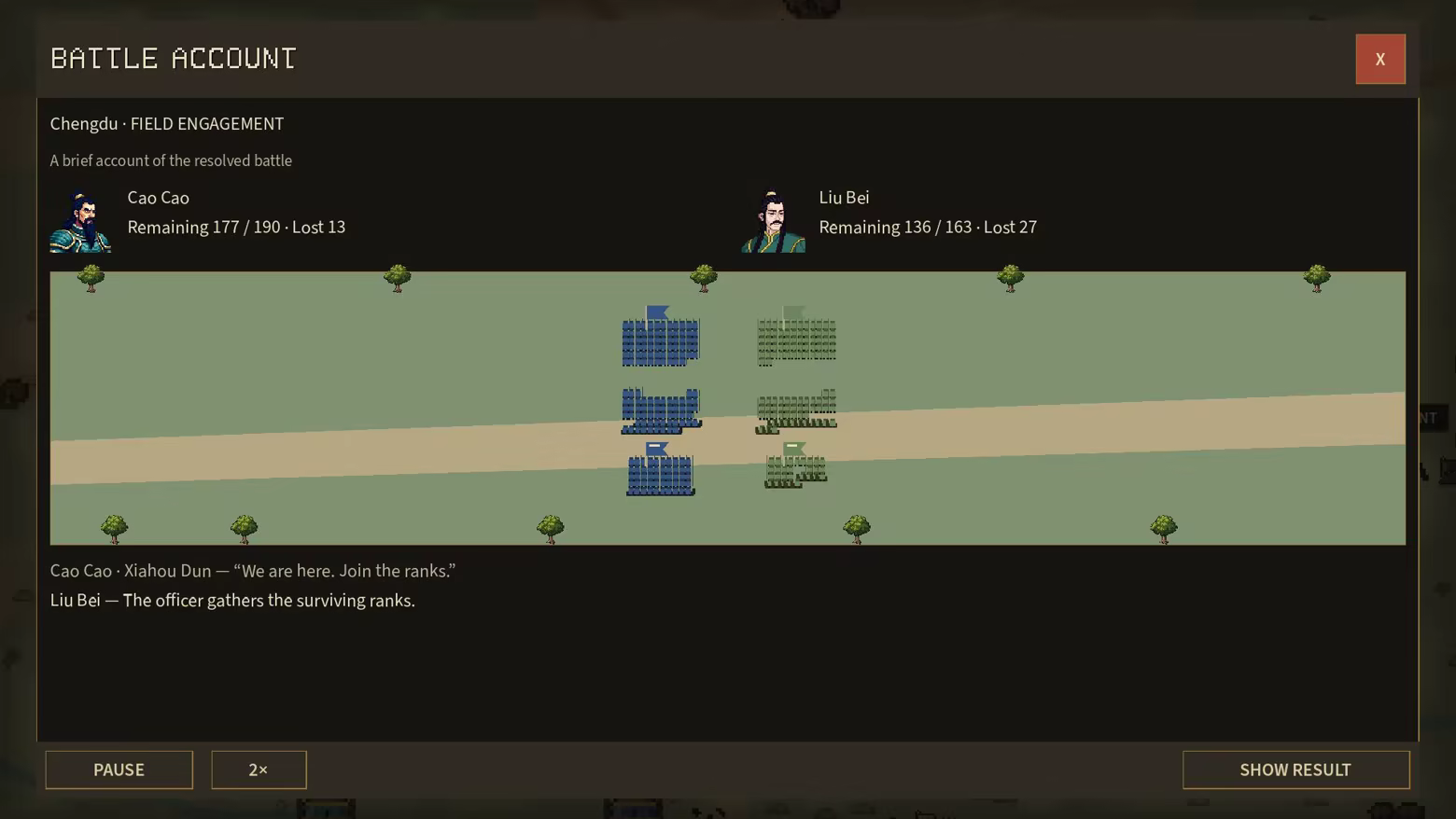 The Battle Account shows Cao Cao and Liu Bei’s surviving troops and losses, animated formations, officer remarks, and playback controls.